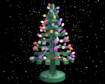(a LEGO pine tree with outdoor lightbulbs winding around it)